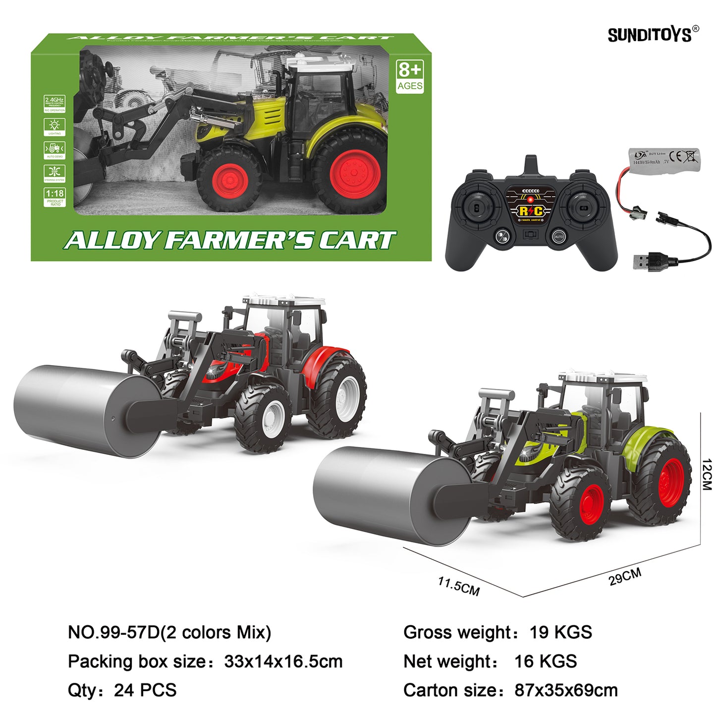 99-57D 2.4GHz Alloy Farmer's Road Roller/ Auto Demo: Forward/ Backward/ Left/ Right/ Lights